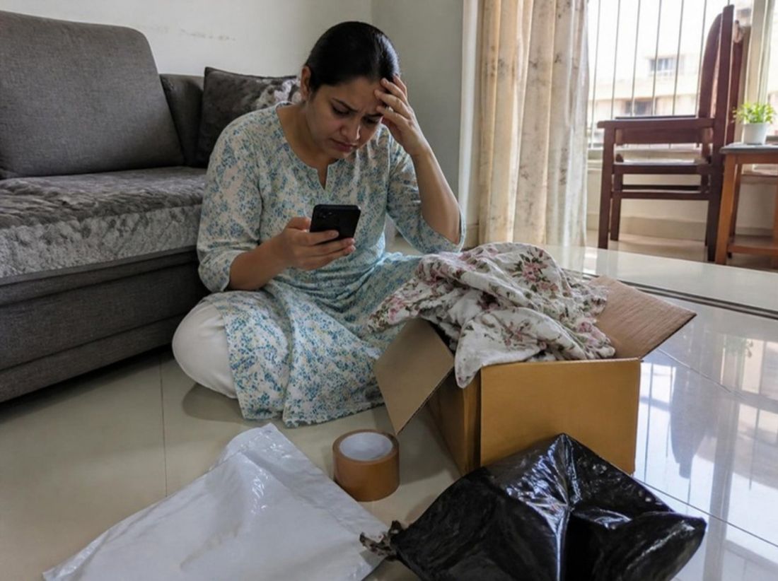 A worried woman packing a bedsheet back into a courier box while checking the pickup on her phone